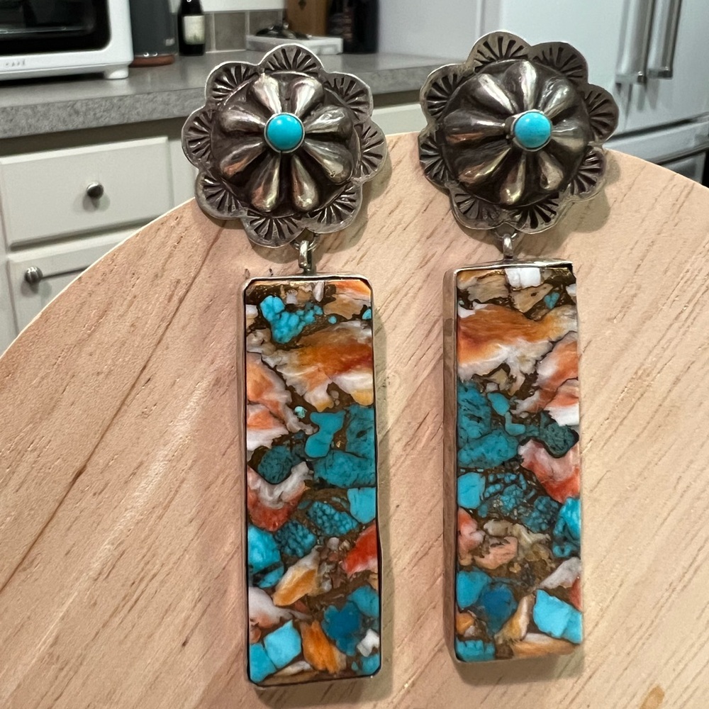 Authentic Turquoise slab stamped earrings